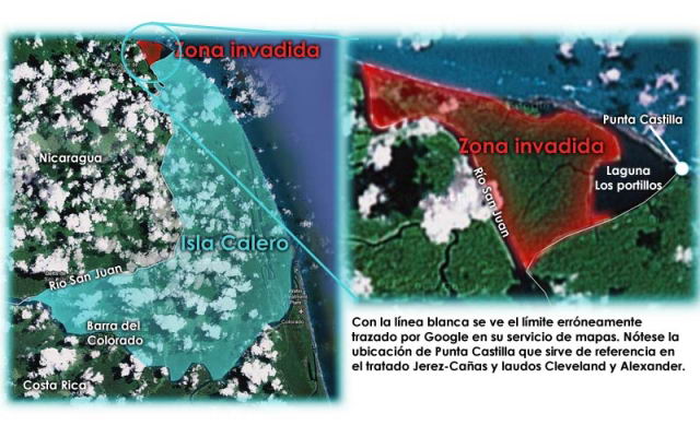 Mapa de la zona en conflicto y los lmites trazados por Google.
