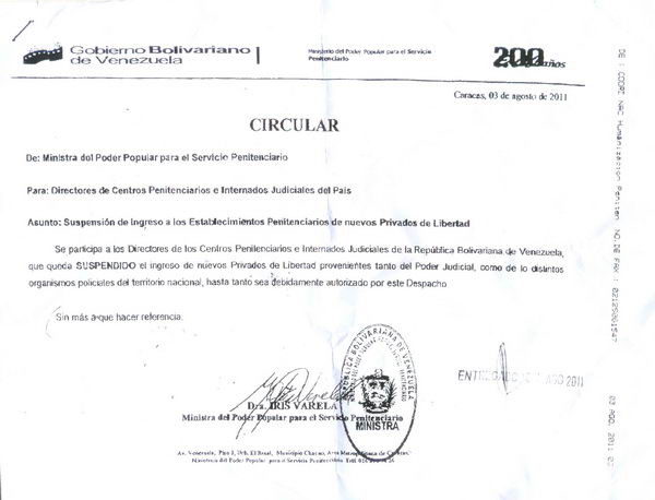 Circular del 03 de agosto de 2011 a los directores de Centros Penitenciarios e Internados Judiciales