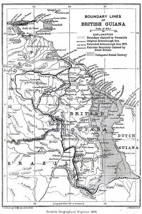 Mapa inglés de 1896 de la Antigua Guayana Británica y las diversas líneas de límites trazadas, que muestran las máximas aspiraciones británicas y el río Esequibo que Venezuela considera como su frontera Mapa inglés de 1896 de la Antigua Guayana Británica y las diversas líneas de límites trazadas, que muestran las máximas aspiraciones británicas y el río Esequibo que Venezuela considera como su frontera