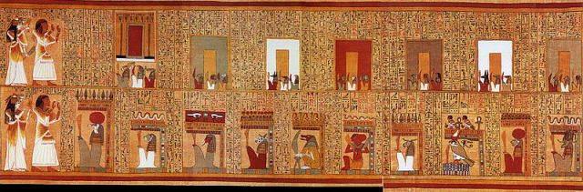 n el registro superior, Ani y su esposa encaran las Siete puertas de la Casa de Osiris. A continuacin, se encuentran diez de los veintin Misteriosos portales de la Casa de Osiris en el Campo de Juncos. Todos estn protegidos por temibles guardianes.