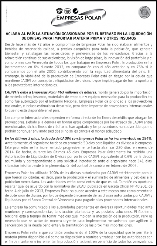 Comunicado completo de Empresas Polar.