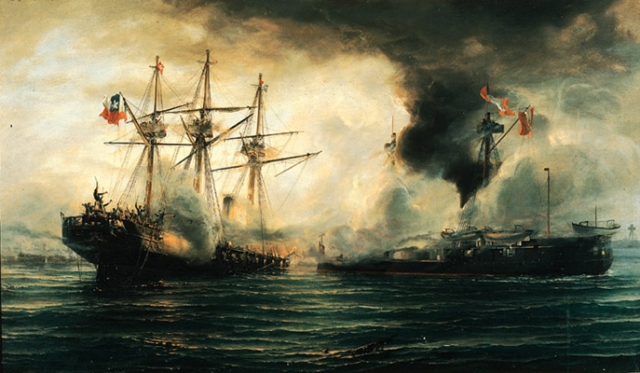 Combate Naval de Iquique, óleo de Thomas Somerscales. Combate Naval de Iquique, óleo de Thomas Somerscales.