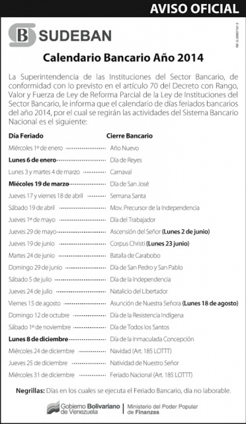 Este es el calendario que public la Superintendencia de Bancos y Otras Instituciones Financieras