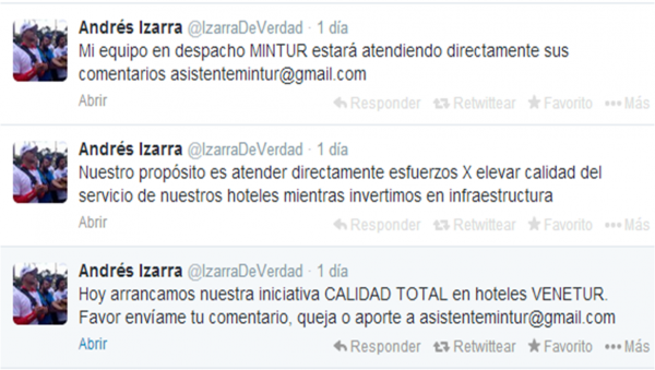 Tuit del ministro Andrés Izarra. Tuit del ministro Andrés Izarra.