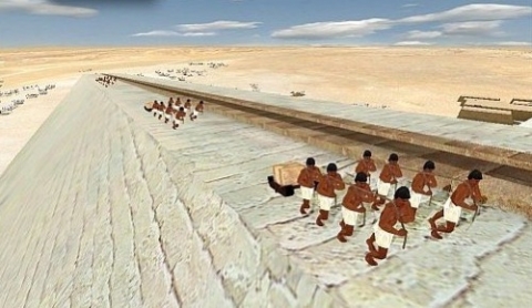 Simulación virtual del proceso de traslado de los bloques de caliza por la rampa. Simulación virtual del proceso de traslado de los bloques de caliza por la rampa.