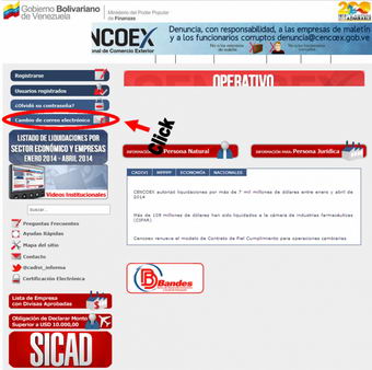 Portal de Cadivi/Cencoex, busque la opcin "cambio de correo electrnico".