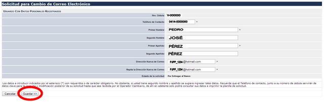 Planilla de cambio de datos, introduzca su nuevo correo electrnico